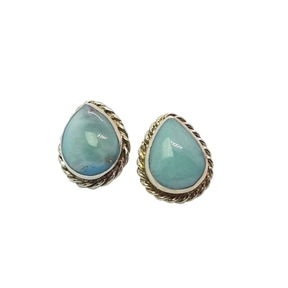 Sterling Silver Larimar Teardrop Cabochon Pierced Earrings Dominican Republic - Picture 6 of 10